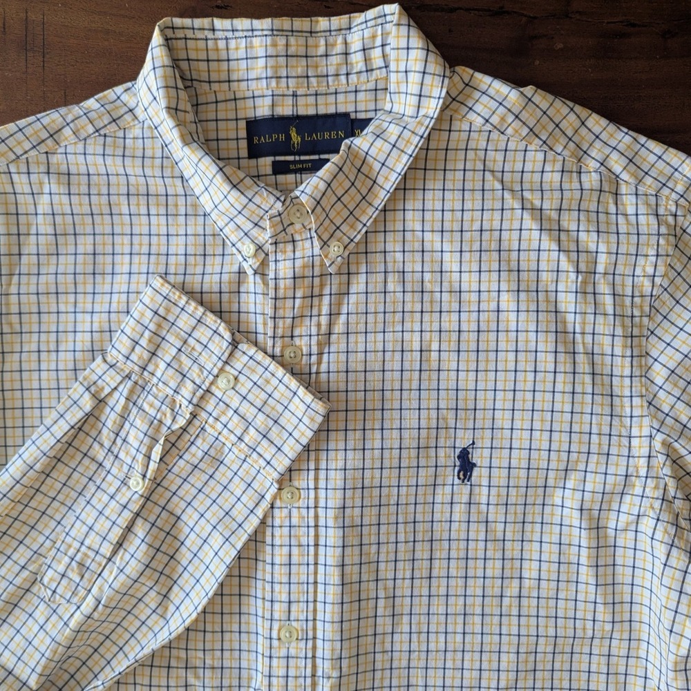 Ralph Lauren Button Down Shirt Yellow Navy Check Slim Fit Mens Sz XL Pony‎ Logo